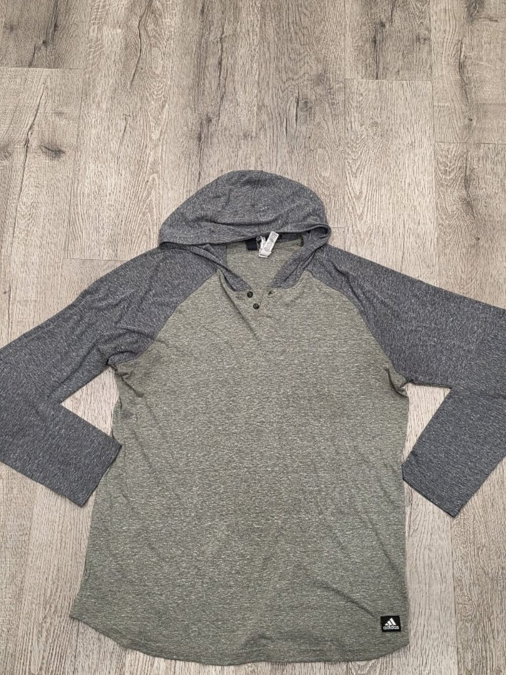 Adidas Heather Gray & Green Raglan Hooded Henley Long Sleeve Shirt XL